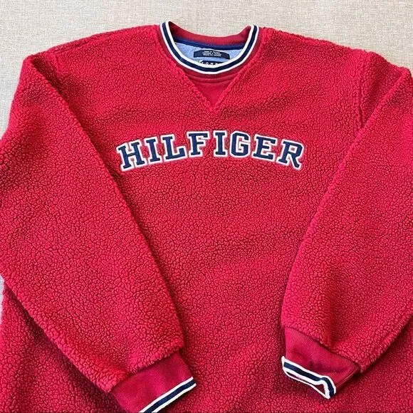 Vintage 90s Y2K Tommy Jeans Hilfiger Deep Pile Sherpa Fleece Pullover Crewneck M